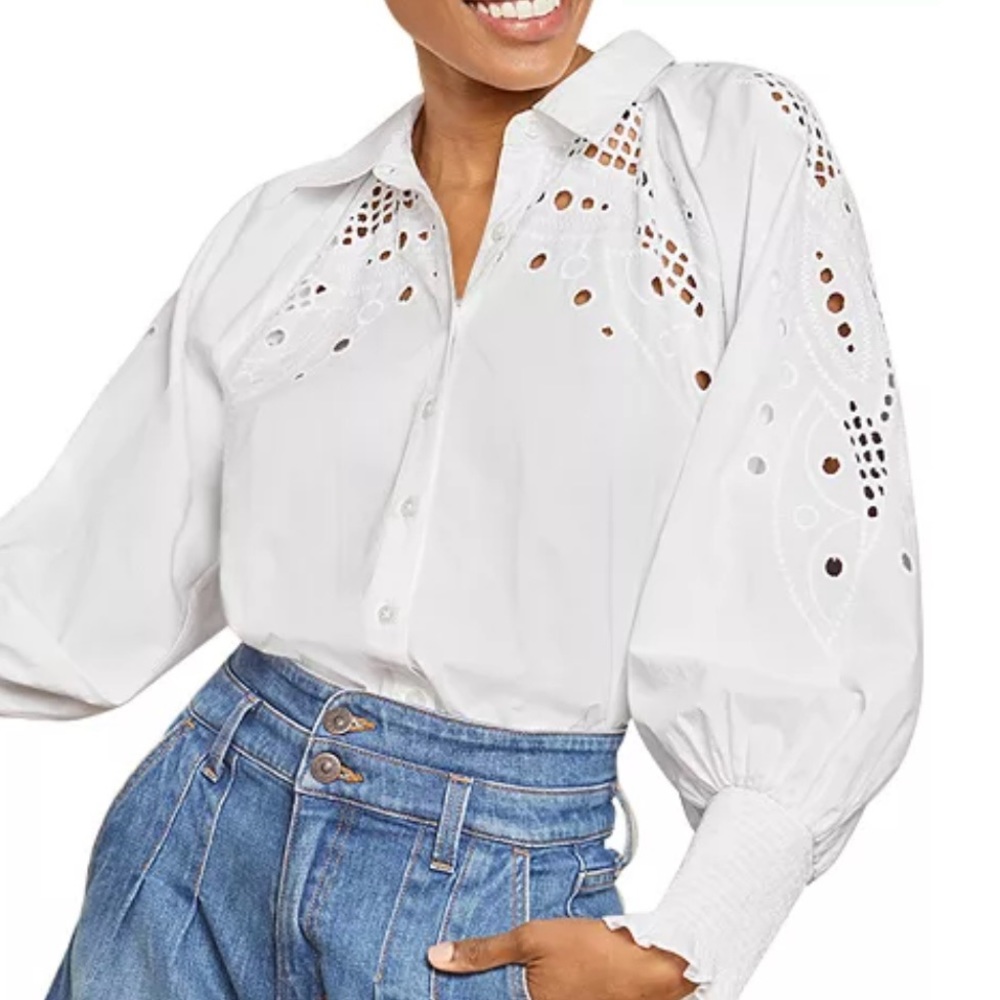 Elie Tahari embroidered long sleeve collar white shirt size XS